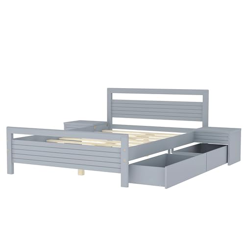 Queen Size Gray Wooden Platform Bed with 2 Storage Drawers and 2 Bedside Tables I5051