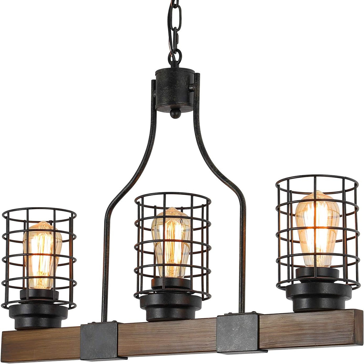 3-Lights Wood Chandelier with Cage Shade K3655