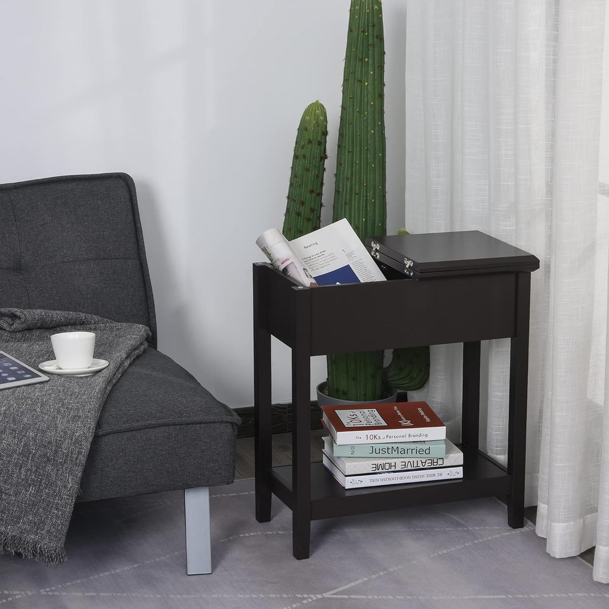 Flip Top Side Table with Storage Cabinet and Bottom Shelf V13312