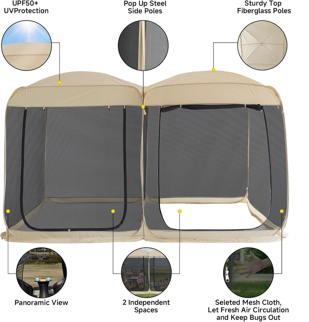 Beige 12' x 7.5' Pop Up Screen Tent Gazebo with Mesh Mosquito Netting Z59155