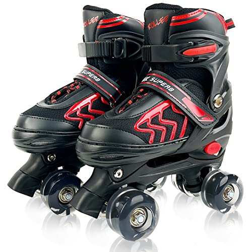 Adjustable Quad Roller Skates with Light Up Wheels, Black & Red E306