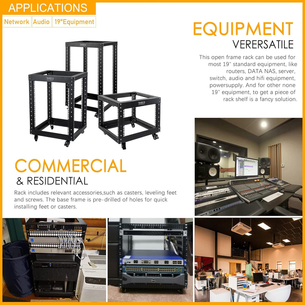 9U Open Frame Server Rack with Casters Black F1961