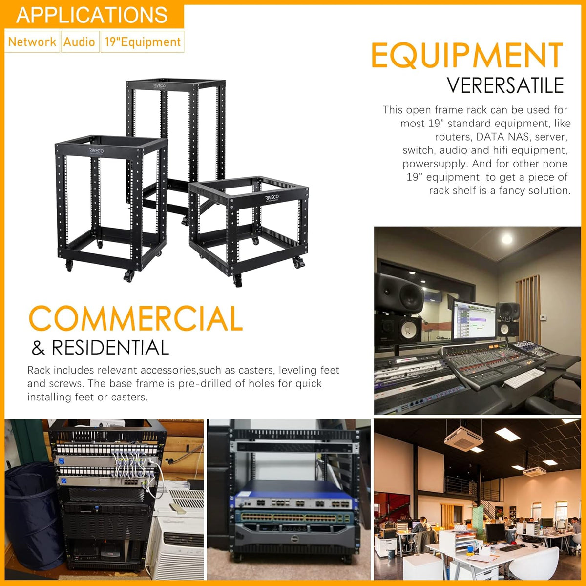 9U Open Frame Server Rack with Casters Black F1961