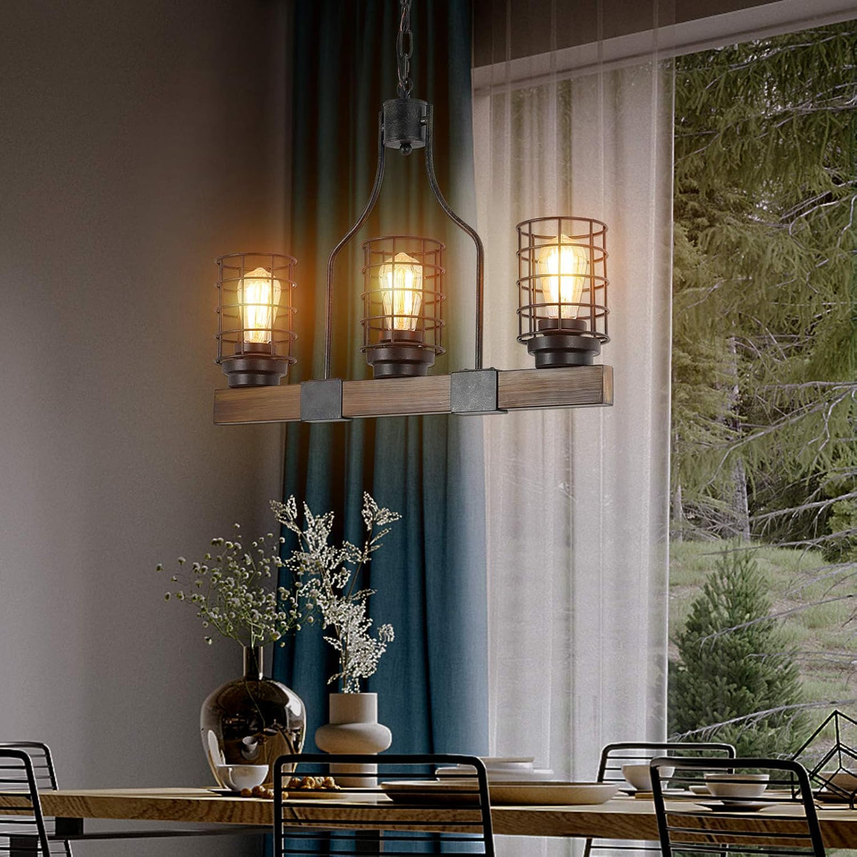 3-Lights Wood Chandelier with Cage Shade K3655