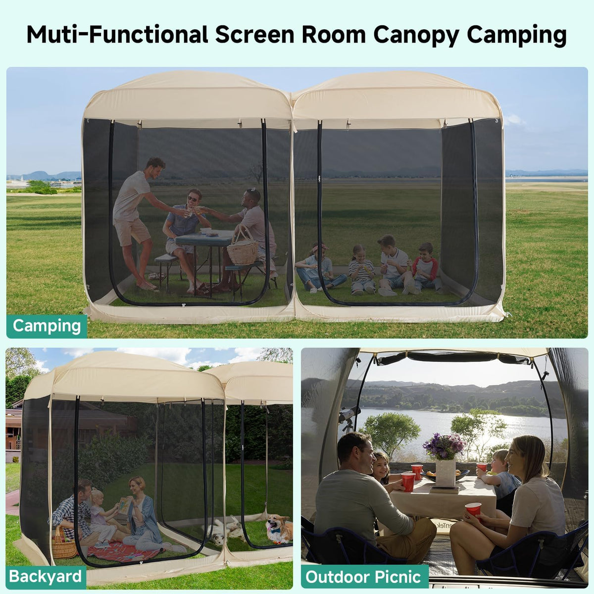 Beige 12' x 7.5' Pop Up Screen Tent Gazebo with Mesh Mosquito Netting Z59155