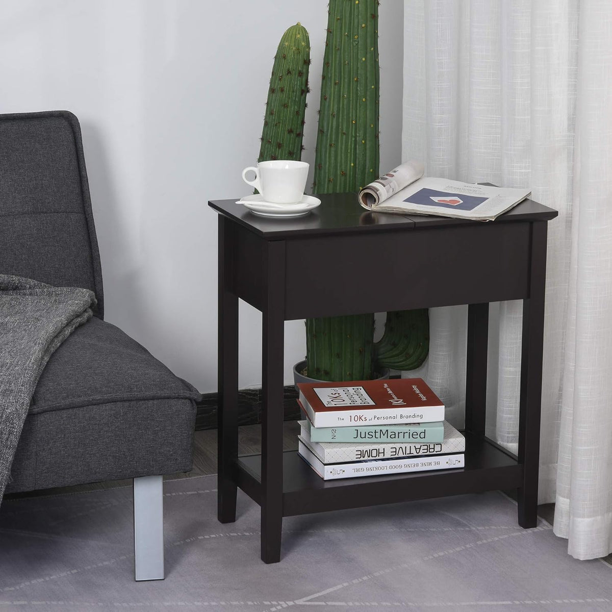 Flip Top Side Table with Storage Cabinet and Bottom Shelf V13312
