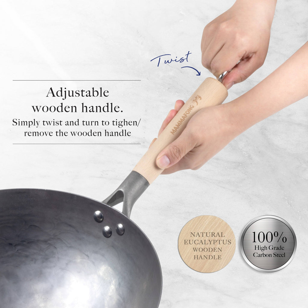 14 inch Hand Hammered Carbon Steel Wok Set with Spatula and Bamboo Brush M85987