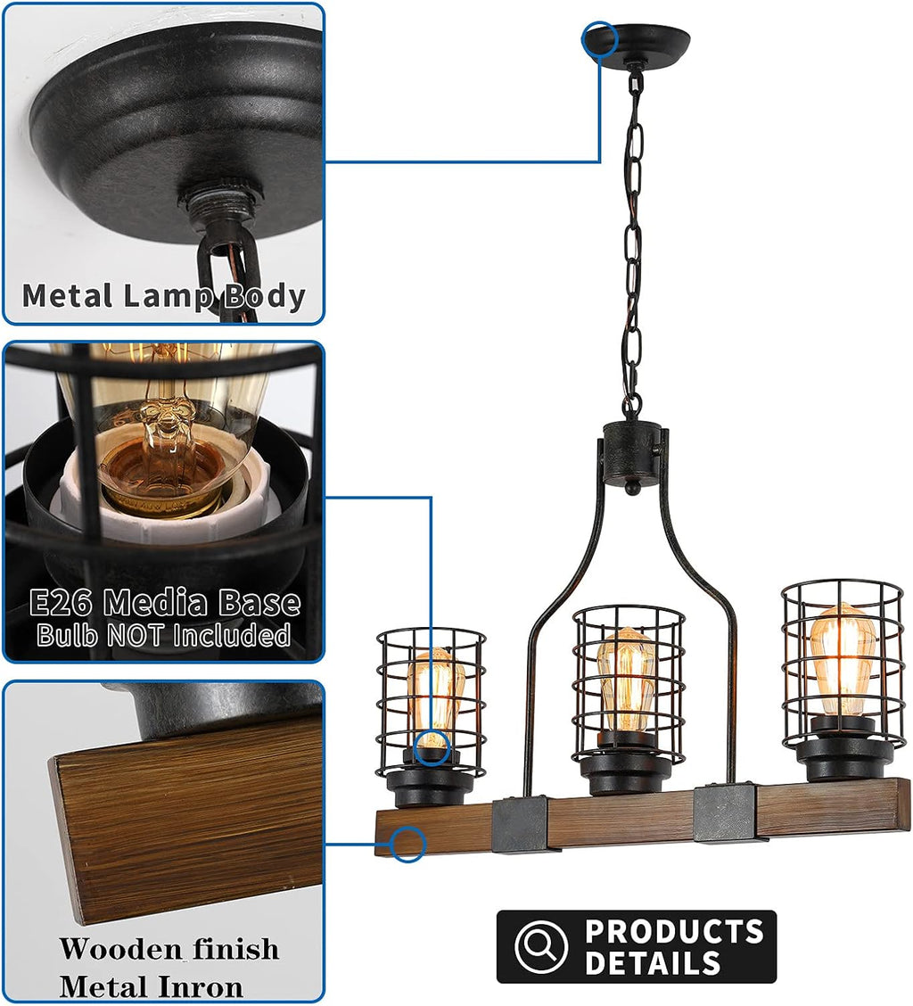 3-Lights Wood Chandelier with Cage Shade K3655