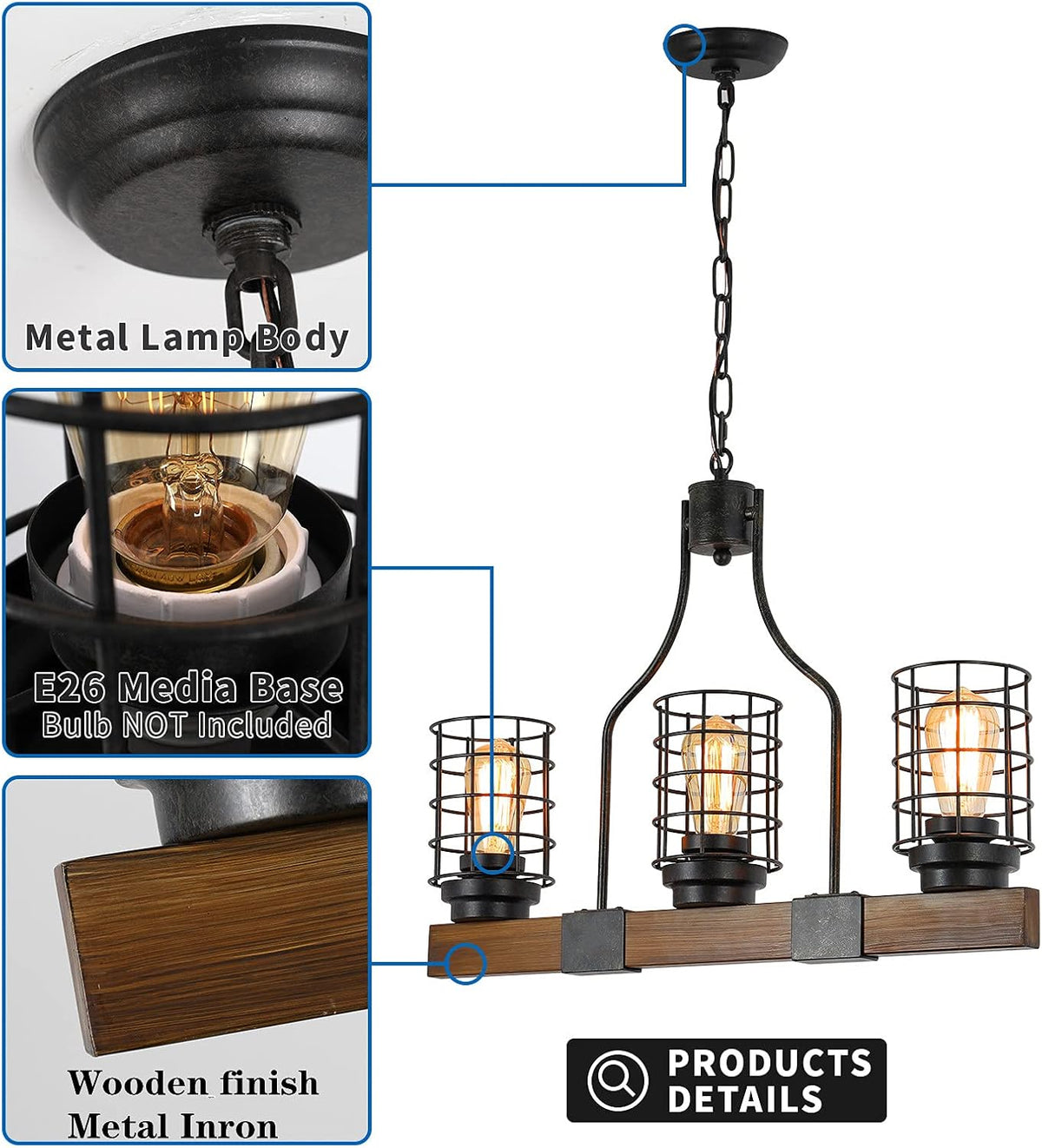 3-Lights Wood Chandelier with Cage Shade K3655