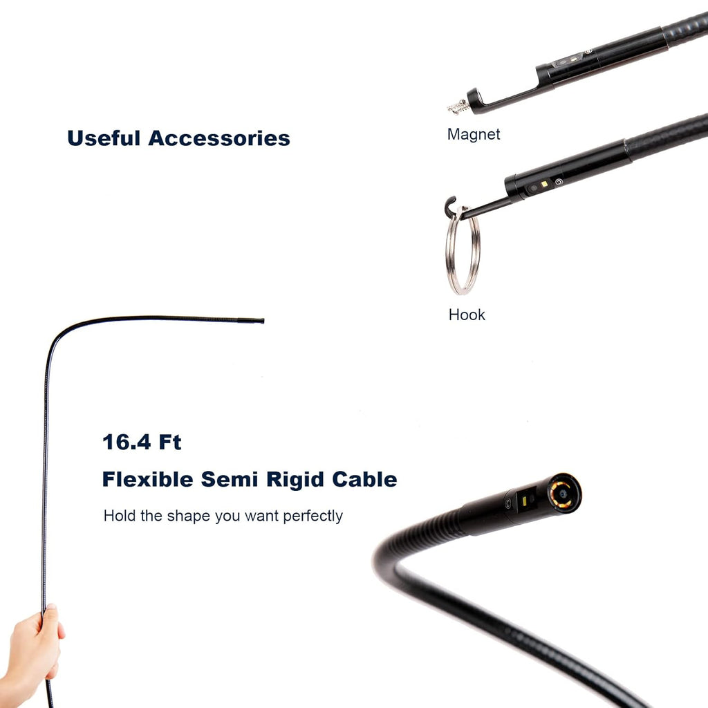 Triple-Lens Borescope Inspection Camera with Light, 1080P HD 7.9mm IP67 Waterproof, 16.4Ft Cable, 5 IPS Screen N39071