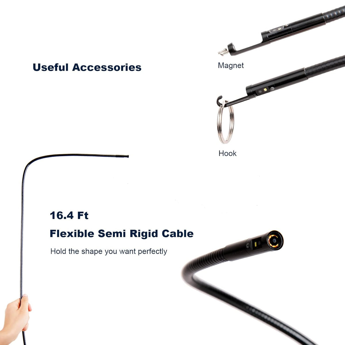Triple-Lens Borescope Inspection Camera with Light, 1080P HD 7.9mm IP67 Waterproof, 16.4Ft Cable, 5 IPS Screen N39071