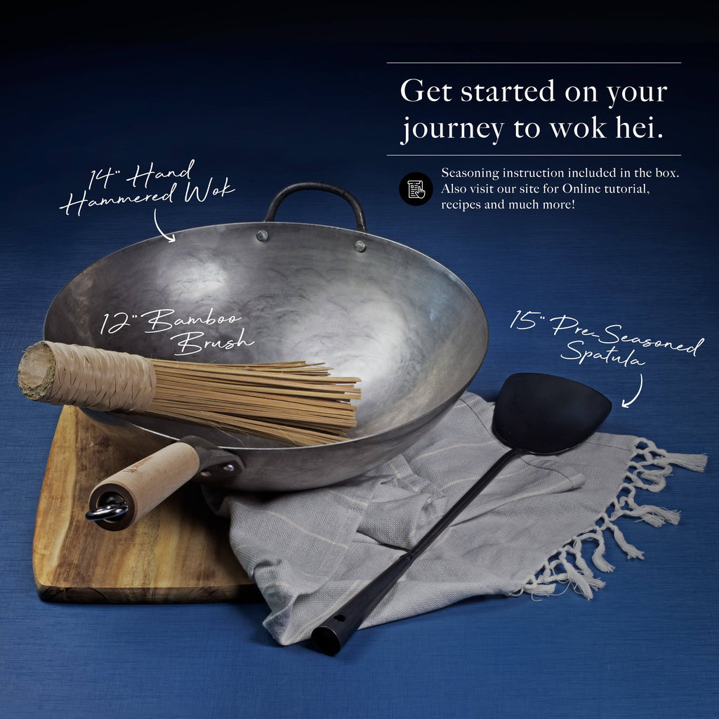 14 inch Hand Hammered Carbon Steel Wok Set with Spatula and Bamboo Brush M85987