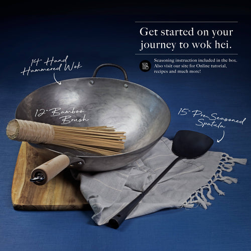 14 inch Hand Hammered Carbon Steel Wok Set with Spatula and Bamboo Brush M85987