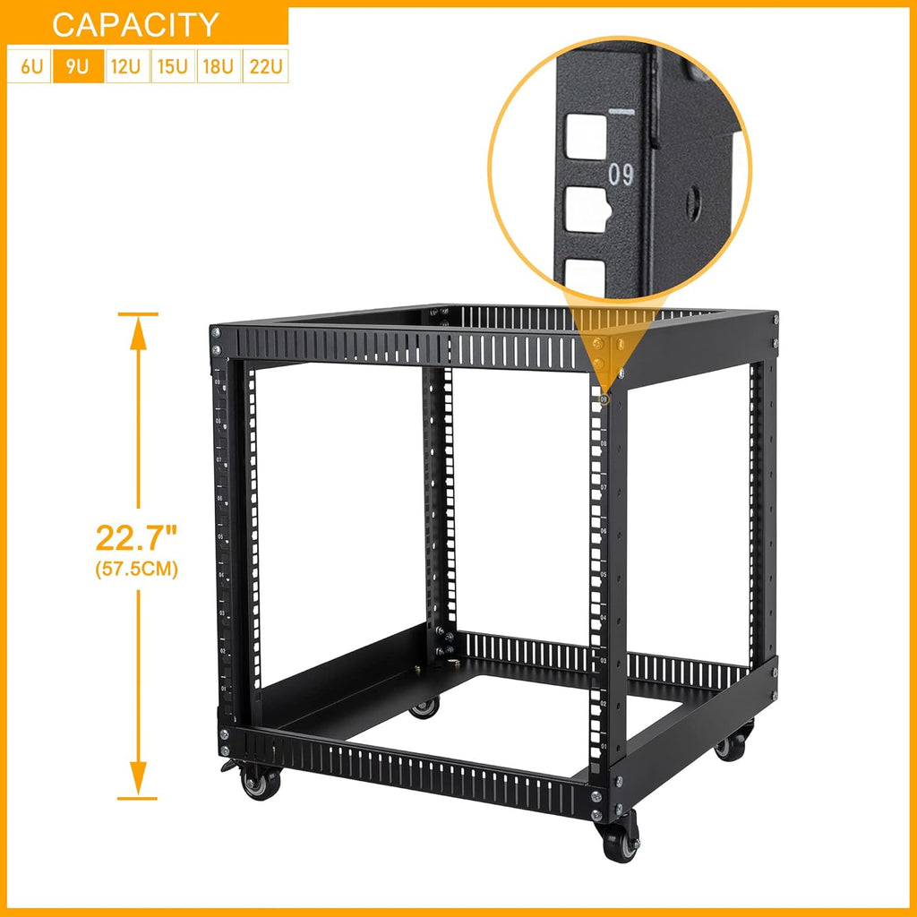 9U Open Frame Server Rack with Casters Black F1961
