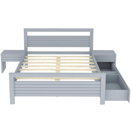 Queen Size Gray Wooden Platform Bed with 2 Storage Drawers and 2 Bedside Tables I5051