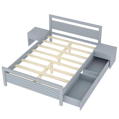 Queen Size Gray Wooden Platform Bed with 2 Storage Drawers and 2 Bedside Tables I5051