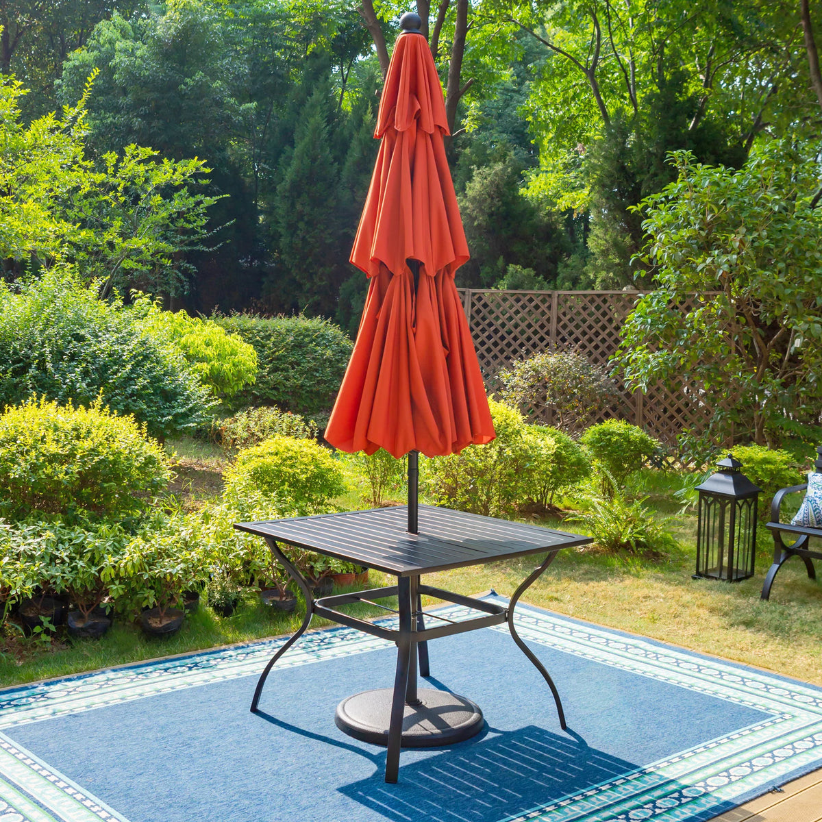6-Piece Outdoor Patio Set with 10 FT Umbrella, 4 PCS Metal Steel Stacking Chairs & 1 PC Square Dining Table, Orange Red Umbrella P19967