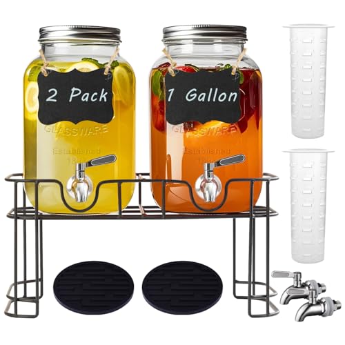 1 Gallon Glass Drink Dispenser with Stand, 2 Pack U526