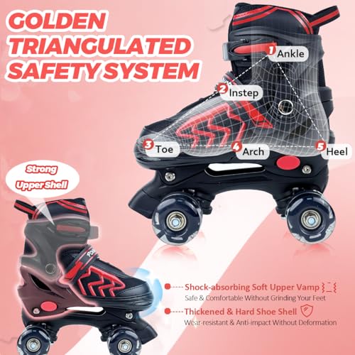 Adjustable Quad Roller Skates with Light Up Wheels, Black & Red E306