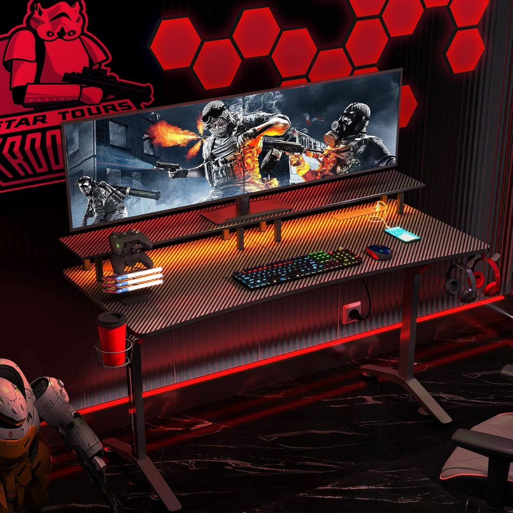 Gaming Desk with LED Strip & Power Outlets, Carbon Fiber Surface Computer Desk with Full Desk Mouse Pad D971