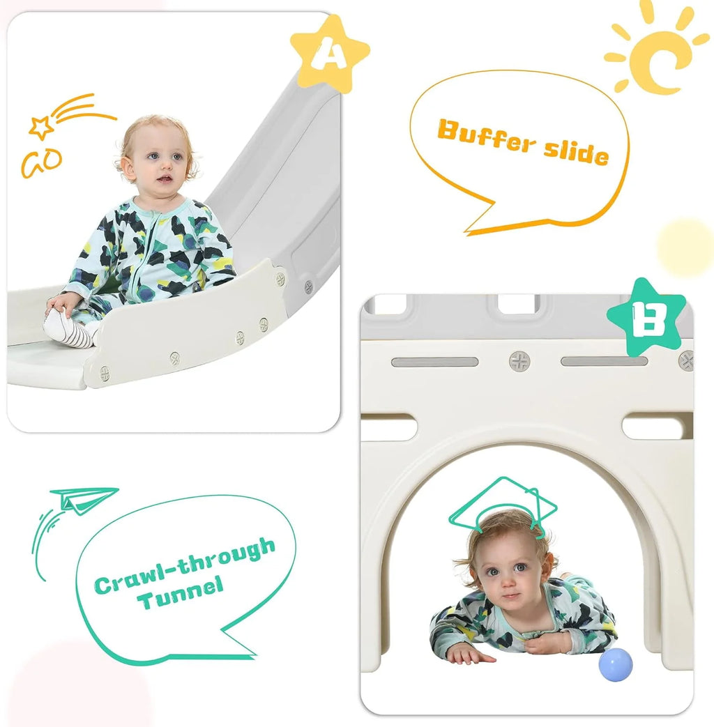 6 in 1 Kids Slide Set with Basketball Hoop and Tunnel, Green H7352