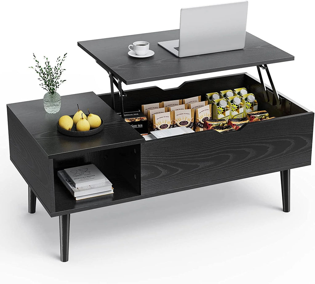 Adjustable Height Wooden Coffee Table with Hidden Compartments and Shelves C11128