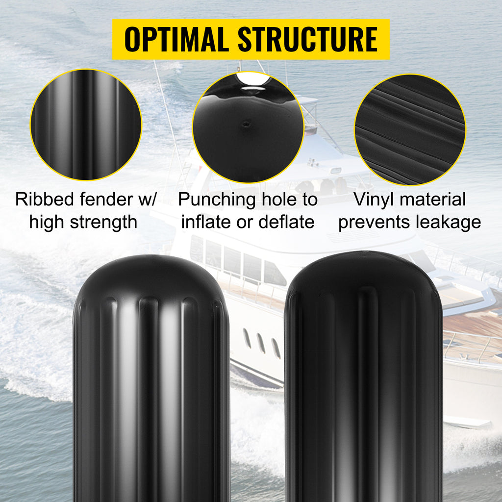 4 New Ribbed Boat Fenders 10" X 28" Black Center Hole Bumpers W925