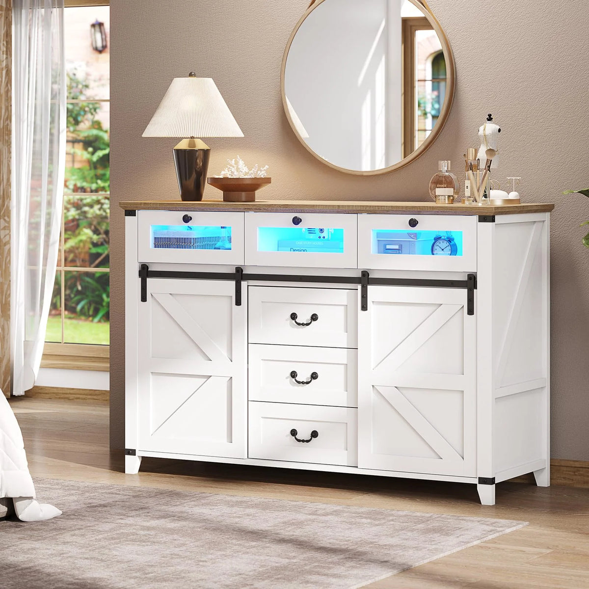 White 6 Drawer Dresser with 2 Sliding Doors P62962