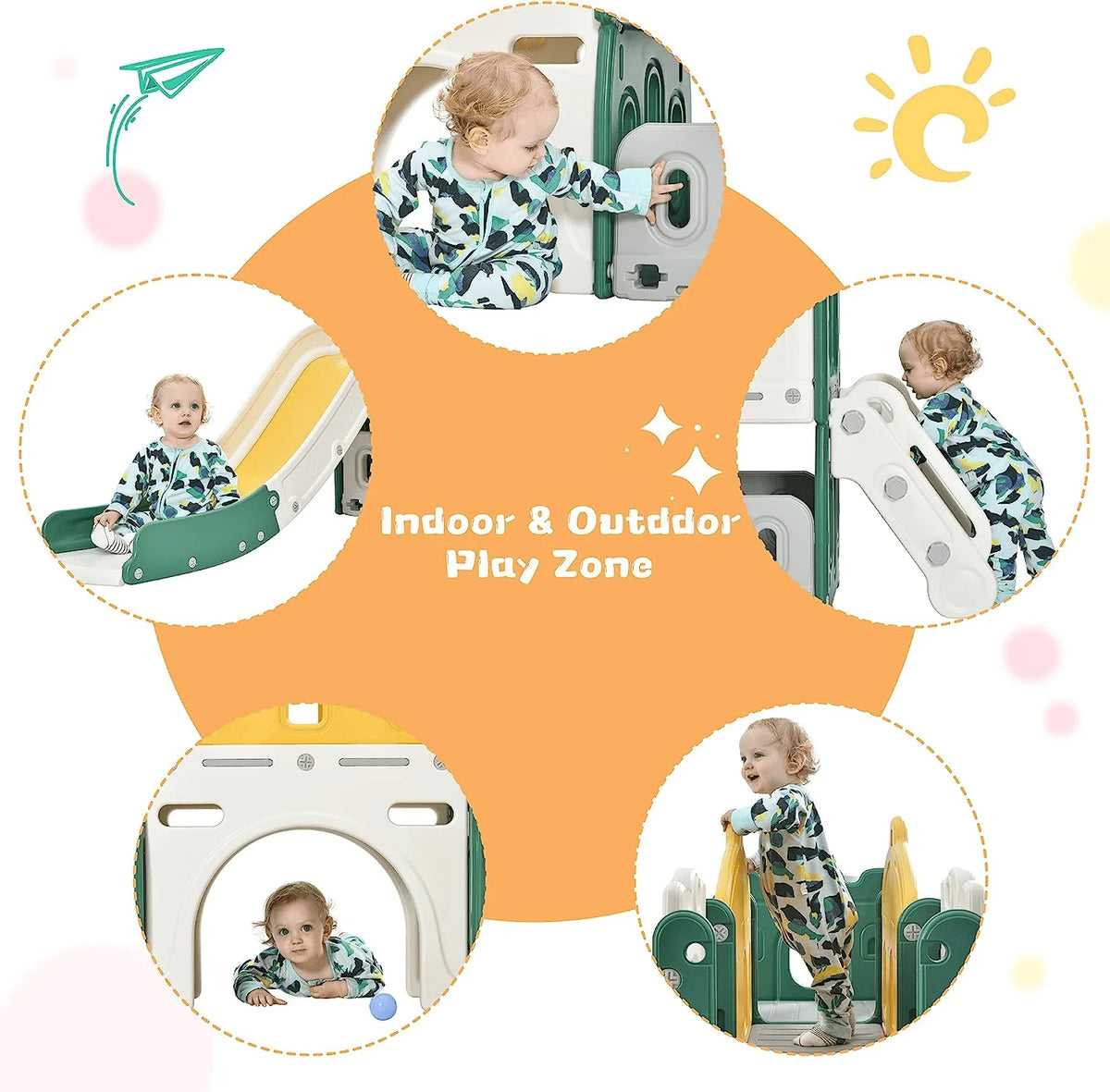 6 in 1 Kids Slide Set with Basketball Hoop and Tunnel, Green H7352