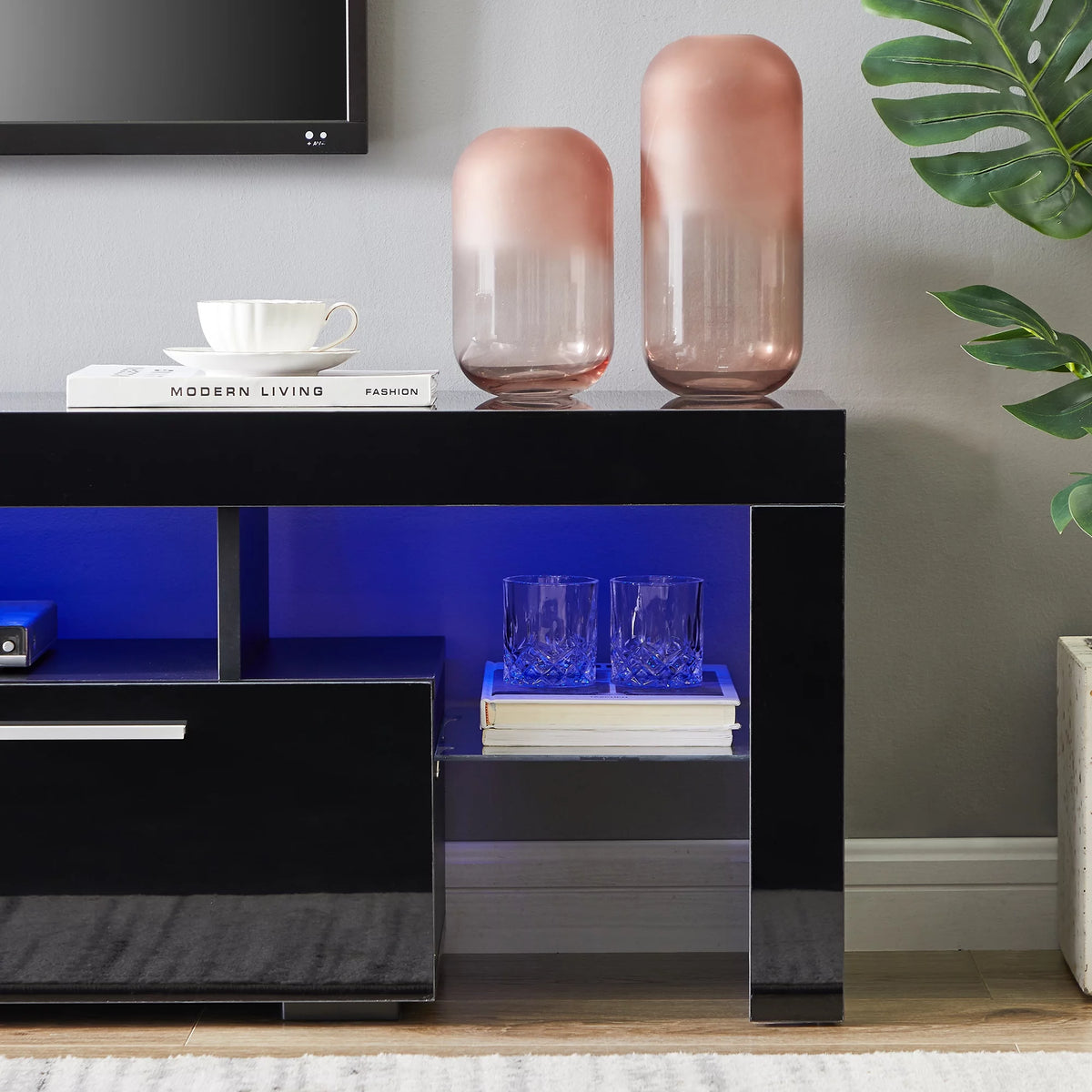 Black TV Stand with LED Lights and Storage Cabinets and Shelves A911327
