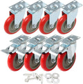 8 Pack 5 Inch Combo Caster Swivel Plate 4 w/Brake & 4 Plate Heavy Duty Red PU Wheels T32372