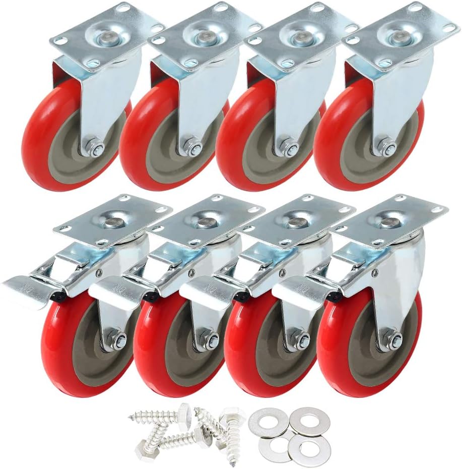 8 Pack 5 Inch Combo Caster Swivel Plate 4 w/Brake & 4 Plate Heavy Duty Red PU Wheels T32372