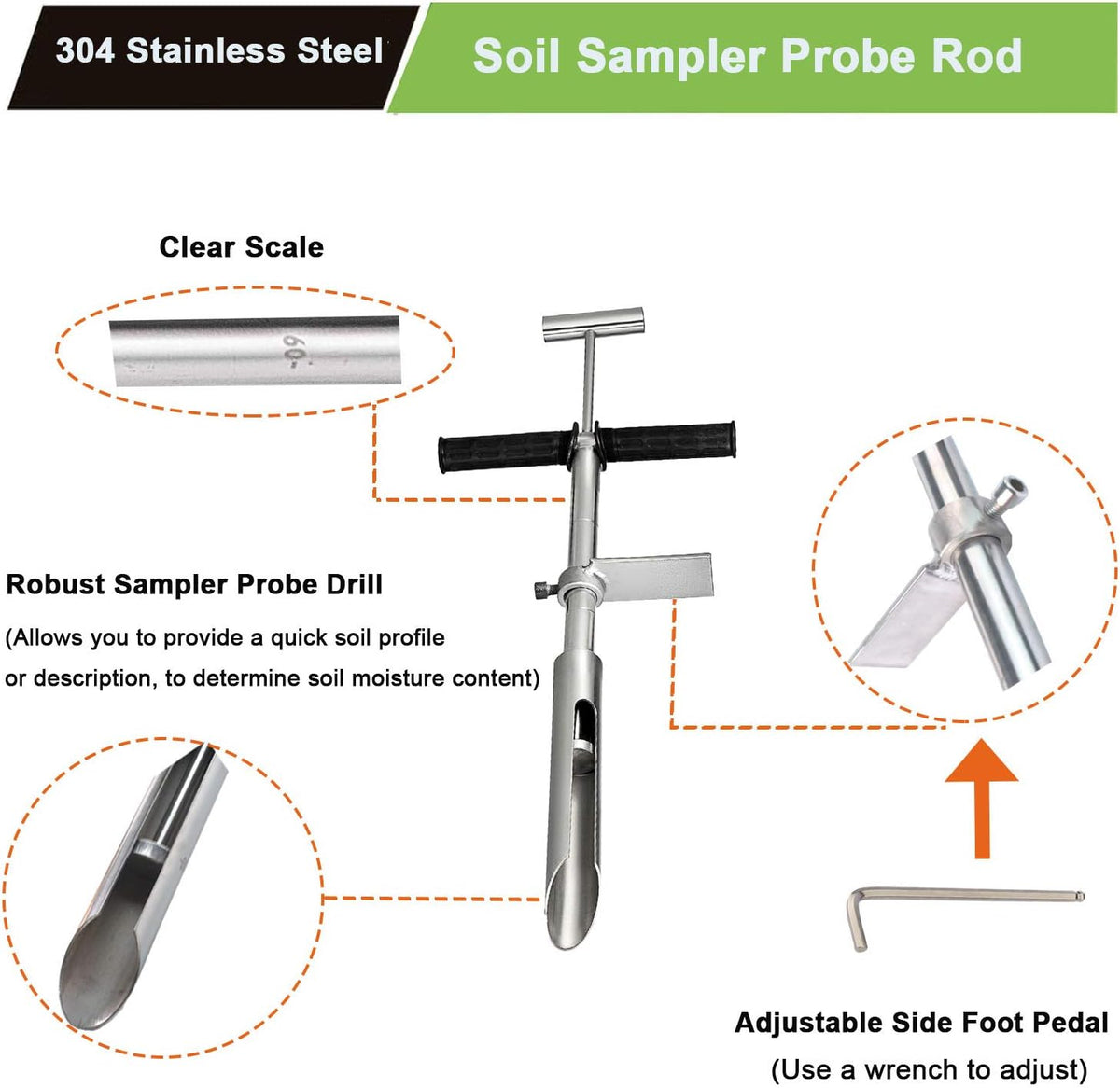 40" Soil Sampler Probe Rod with Sample Ejector, 304 Stainless Step Tube with Foot Pedal T-Style Handle Z4486
