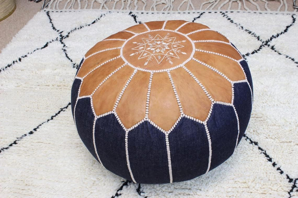 Round Moroccan Pouf Cover Genuine Leather Hand Stitched R415