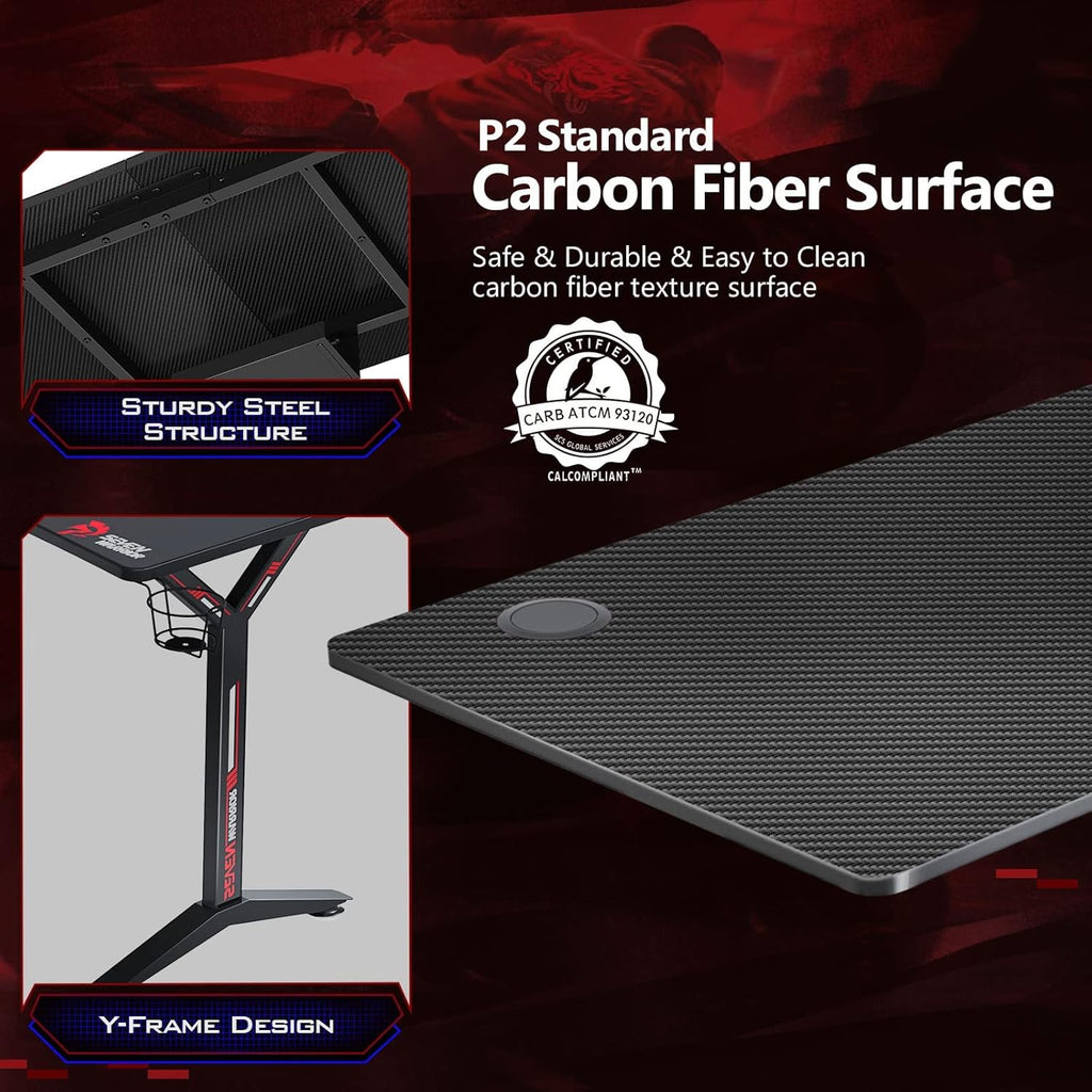 Gaming Desk with LED Strip & Power Outlets, Carbon Fiber Surface Computer Desk with Full Desk Mouse Pad D971