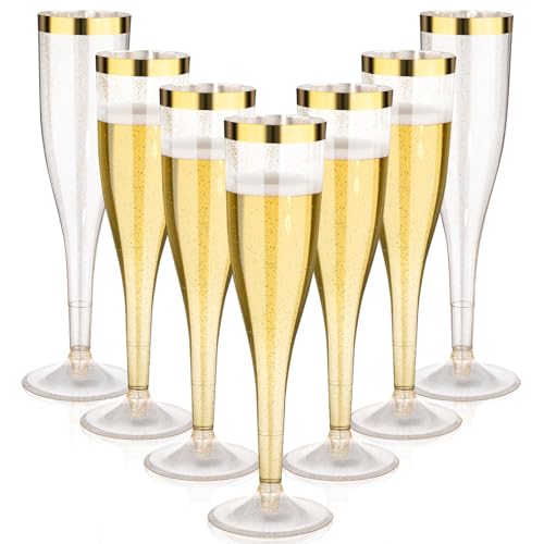 36 Pack 6.5 oz Gold Glitter Plastic Champagne Flutes with Gold Rim V244