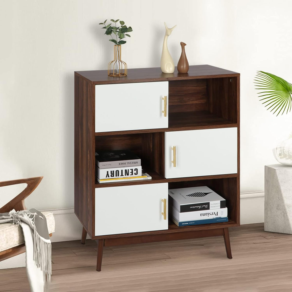 Walnut Storage Cabinet with Doors and Open Shelves X73589