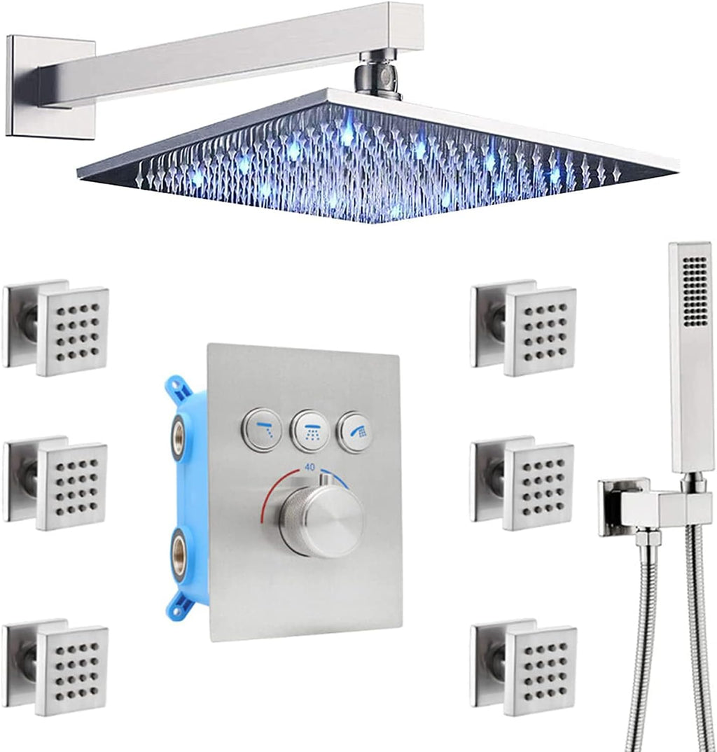 12 Inch Ceiling Rain Shower Head Combo System with Body Jets and Handheld, Matte Black Shower Faucet Fixture Set K7691