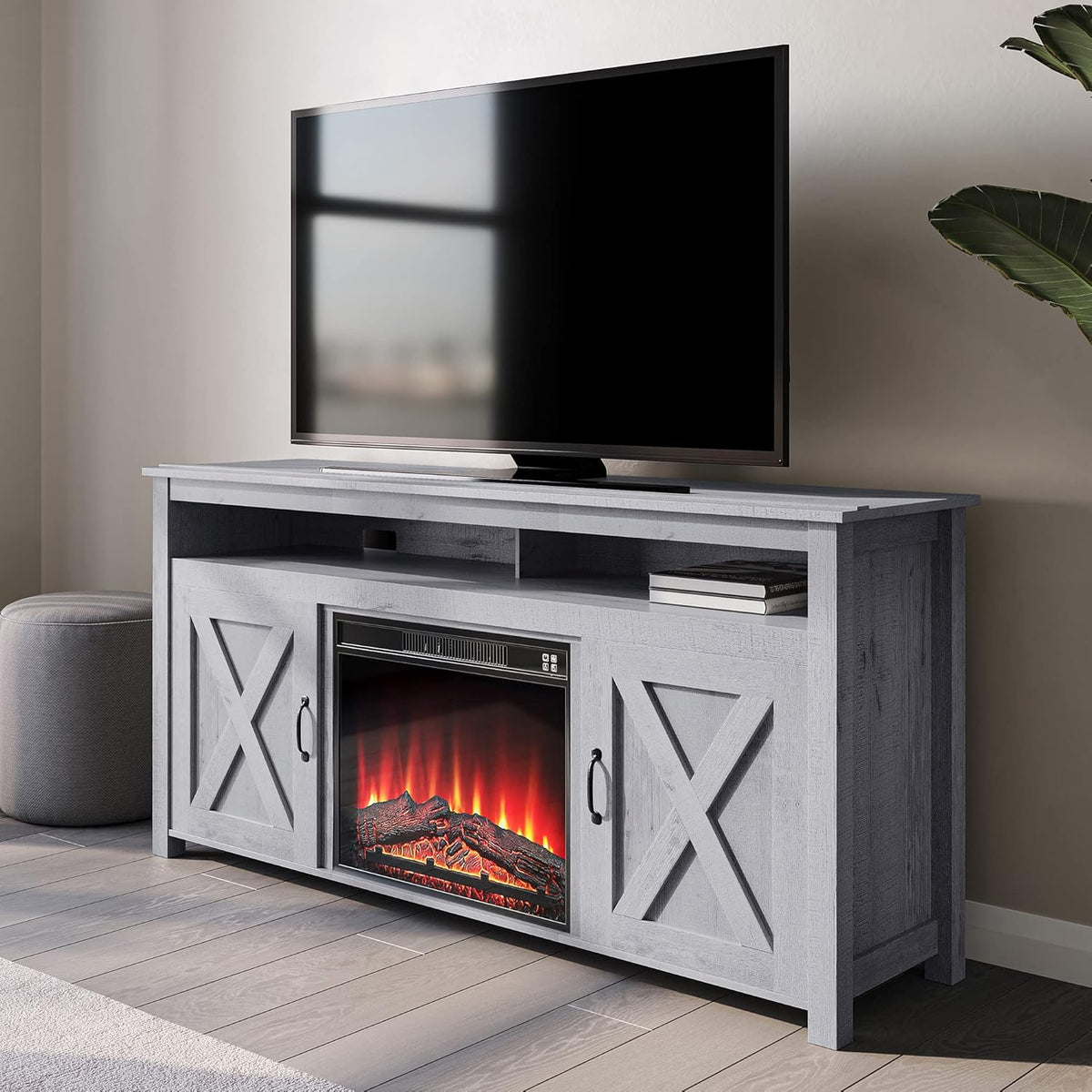 Dark Walnut Barn Door Wood Electric Fireplace TV Stand T6886