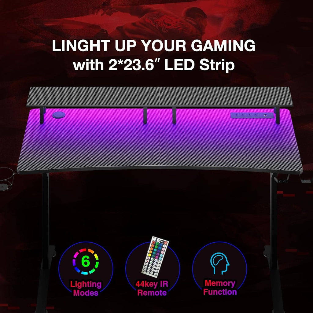 Gaming Desk with LED Strip & Power Outlets, Carbon Fiber Surface Computer Desk with Full Desk Mouse Pad D971