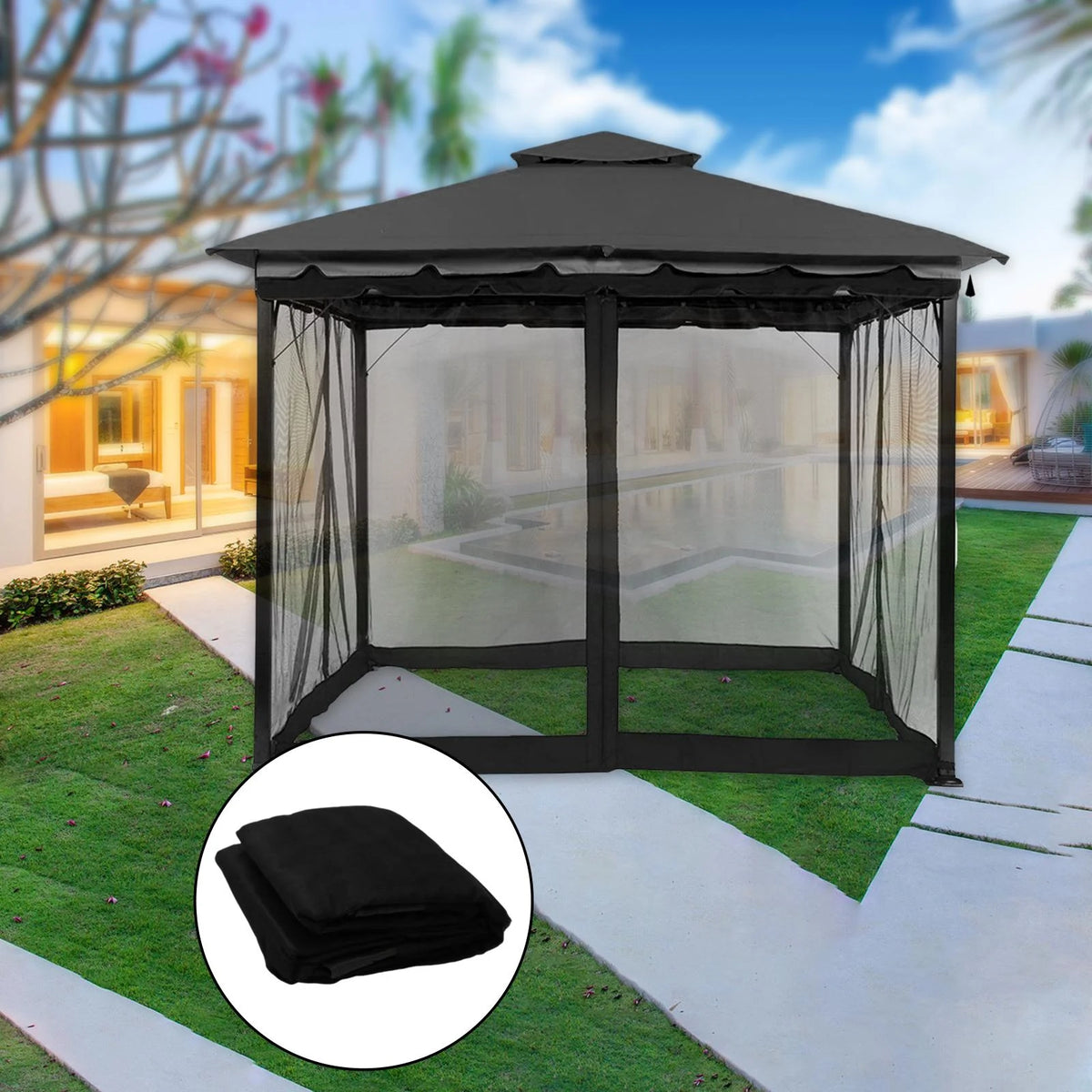 10x10FT Louvered Pergola Gazebo Netting Y93078