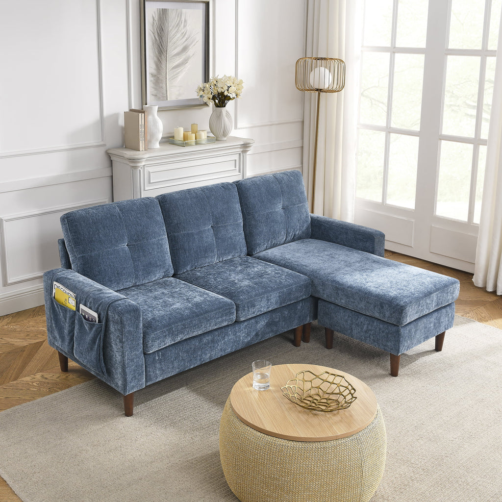 80" Convertible Sectional Sofa Couch, 3 Seats L-shape Sofa with Removable Cushions and Pocket, Rubber Wood Legs, Navy Chenille C450