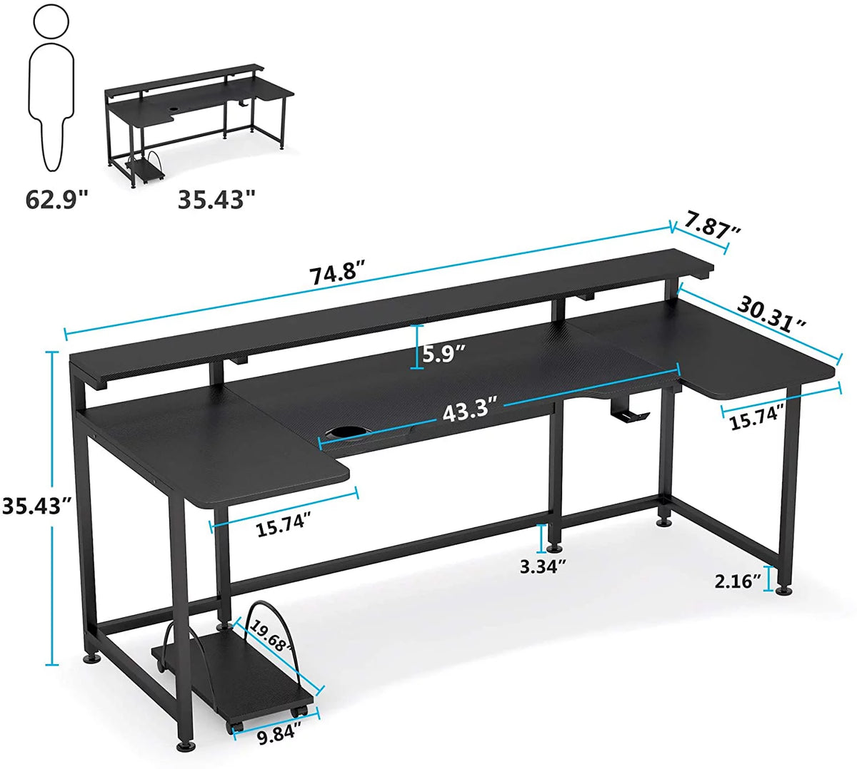 Black U Shaped Computer Desk with Hutch G6786