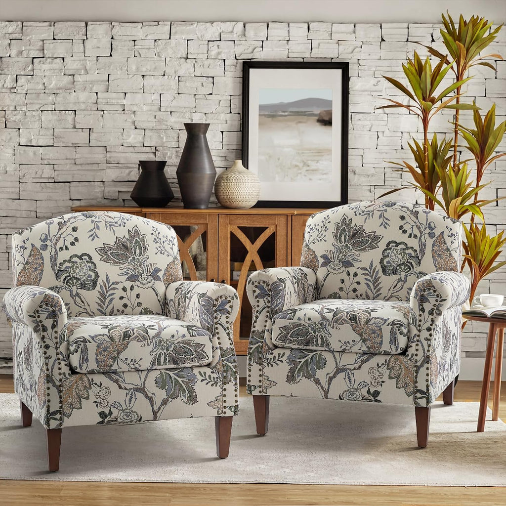 Accent Chair Set Of 2 With Wood Legs & Removable Cushion, Upholstered Armchair, Floral Design, GREY I853895