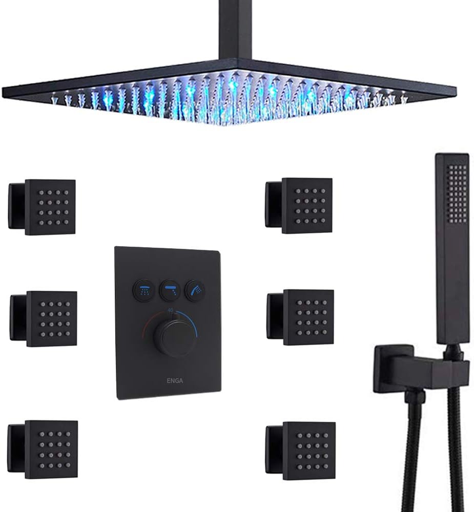 12 Inch Ceiling Rain Shower Head Combo System with Body Jets and Handheld, Matte Black Shower Faucet Fixture Set K7691