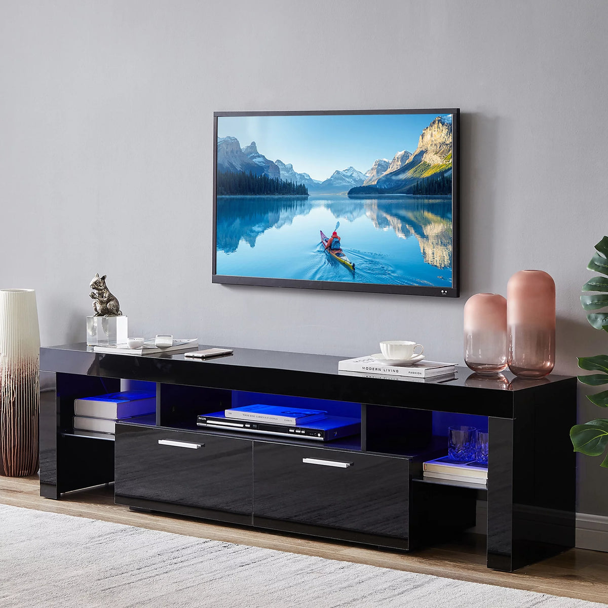 Black TV Stand with LED Lights and Storage Cabinets and Shelves A911327