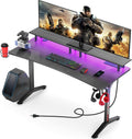 Gaming Desk with LED Strip & Power Outlets, Carbon Fiber Surface Computer Desk with Full Desk Mouse Pad D971