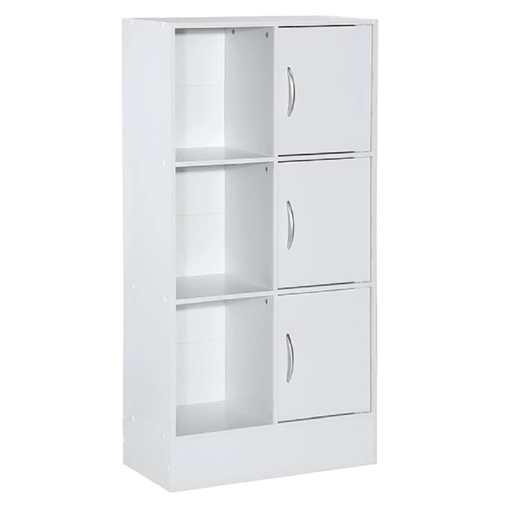 3-Door 6-Shelf White Wooden Bookcase J8063
