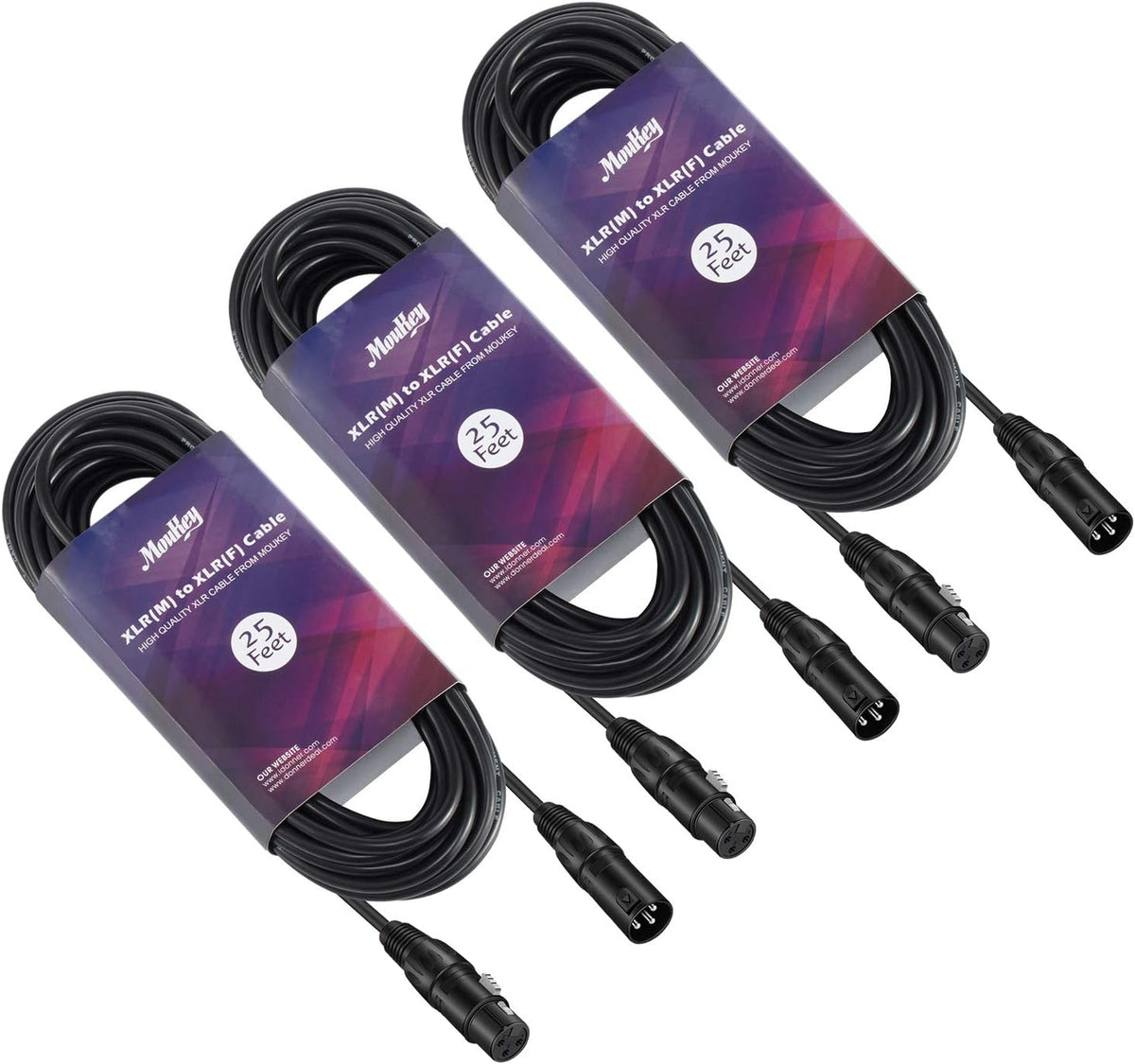 25ft XLR Microphone Male to Female Mic Cables Black 3-Pack U38618