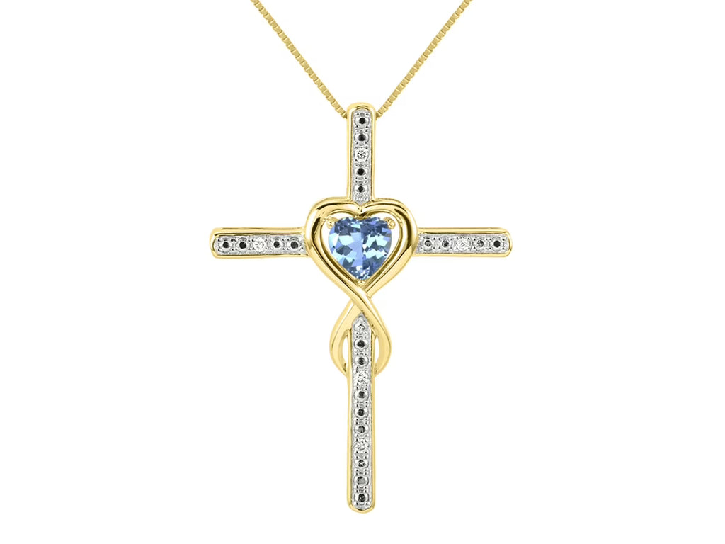 Yellow Gold Plated Silver Cross Necklace with Blue Topaz and Genuine Diamonds K157512